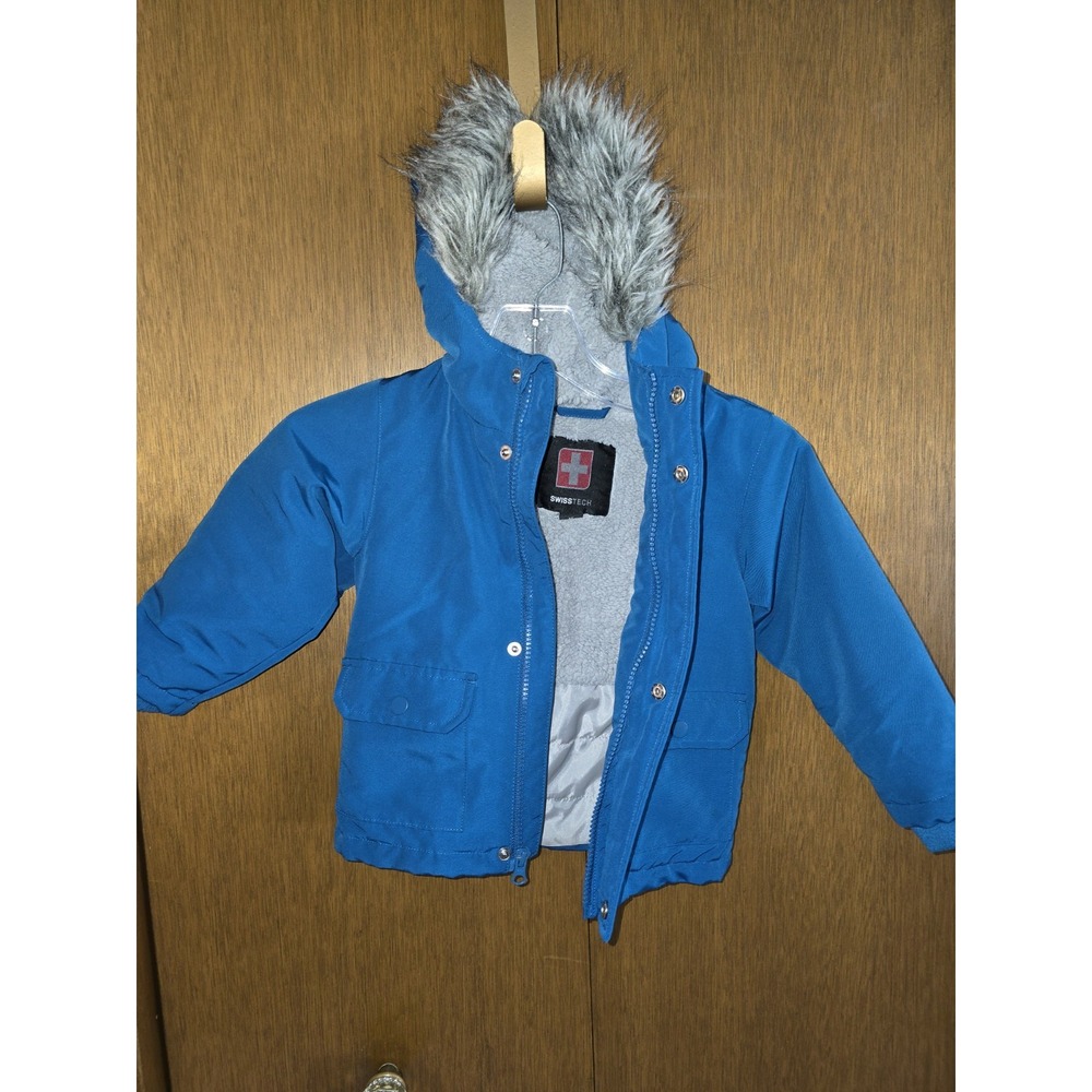 Swiss Tech Baby Boy Blue Puffer Jacker Size 2t Faux Fur Hood. Fleece Lined